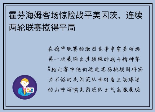 霍芬海姆客场惊险战平美因茨，连续两轮联赛揽得平局